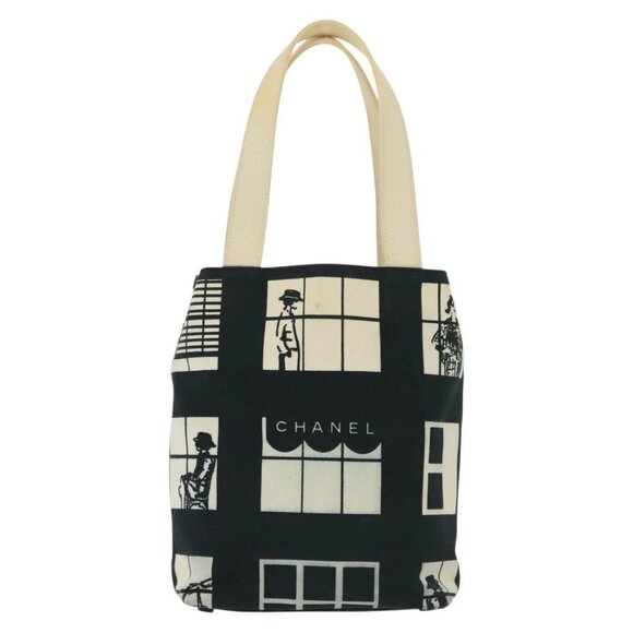CHANEL windows Tote Bag Canvas Black White gold CC Auth - Picture 3 of 15